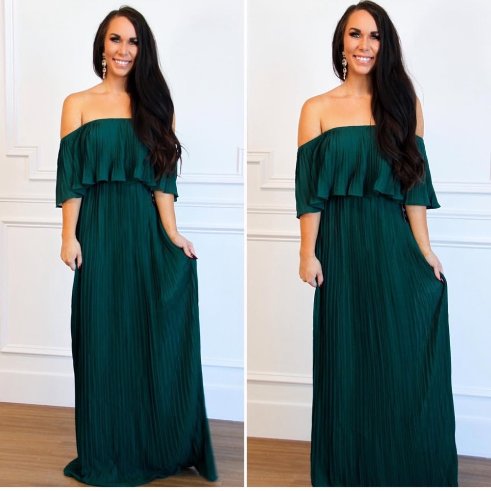 PLEATED Elegant Green Off-Shoulder Dress
